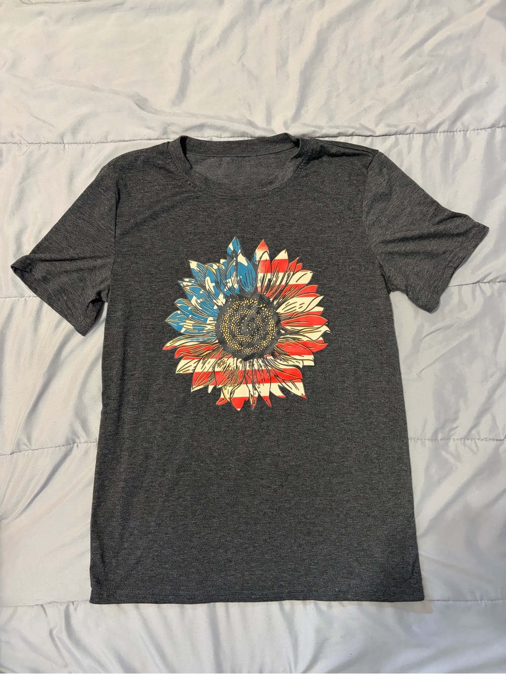 Womens Charcoal Graphic Tee with American Flag Sunflower